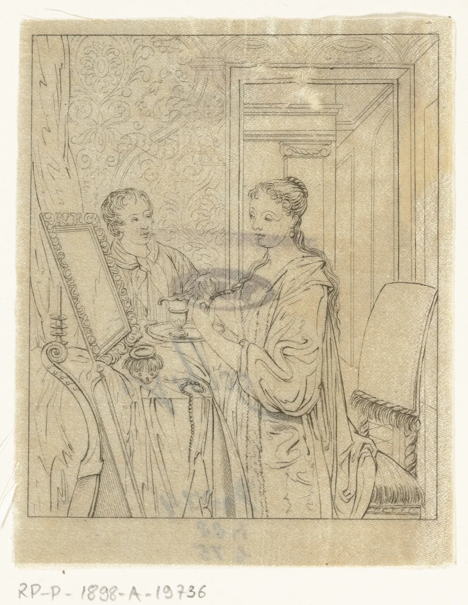 Een vrouw bij haar toilet by Joannes Bemme, print, 1800-1841