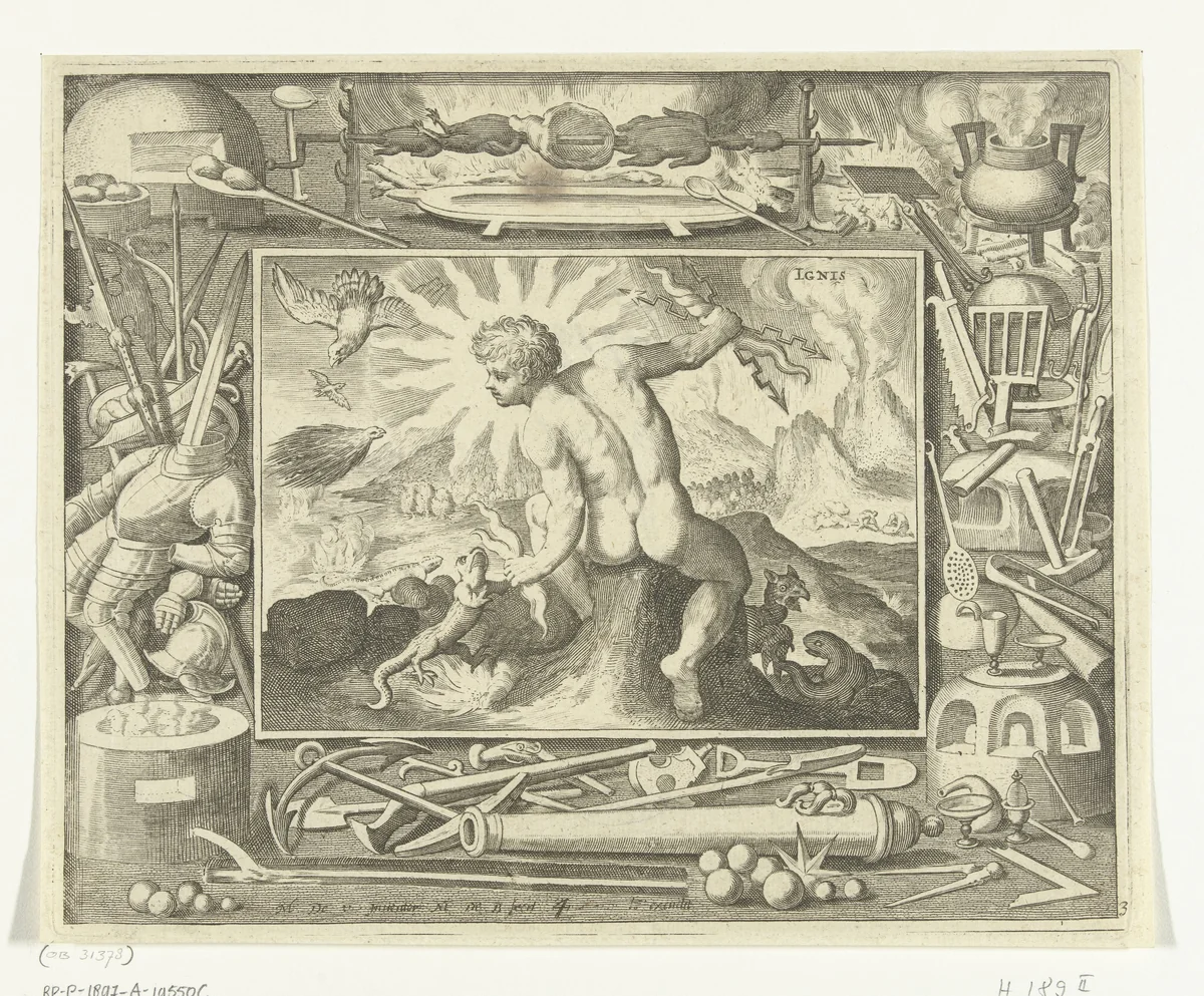 Element vuur als jonge man met bliksemschichten by Unknown, print, 1581-1656