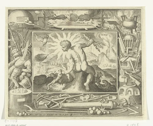 Element vuur als jonge man met bliksemschichten by Unknown, print, 1581-1656