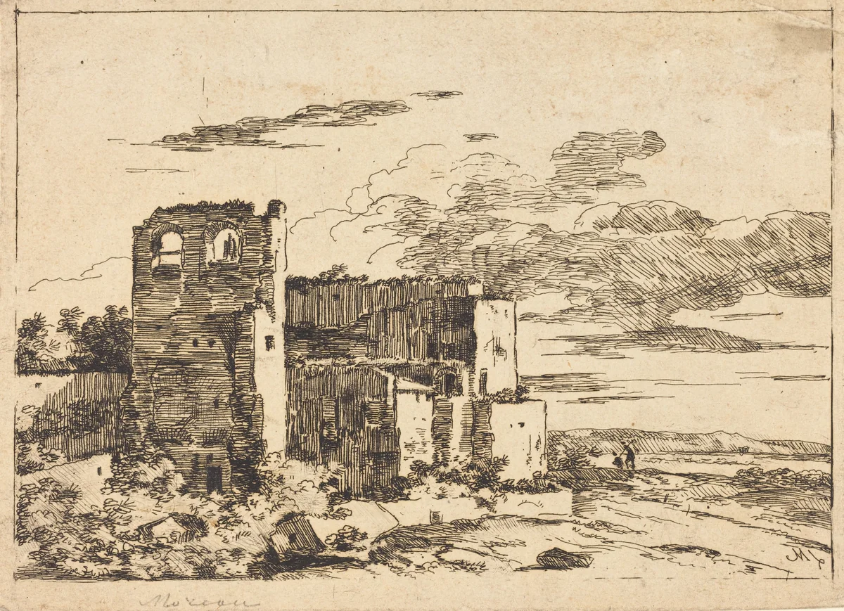 Ruined Buildings near a River Bank by Louis Gabriel Moreau, print, 1740-1806