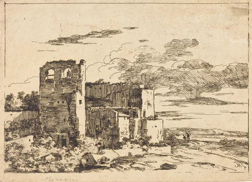 Ruined Buildings near a River Bank by Louis Gabriel Moreau, print, 1740-1806