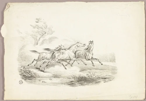 Three Horses Running by Carle Vernet, drawing, 1778-1836