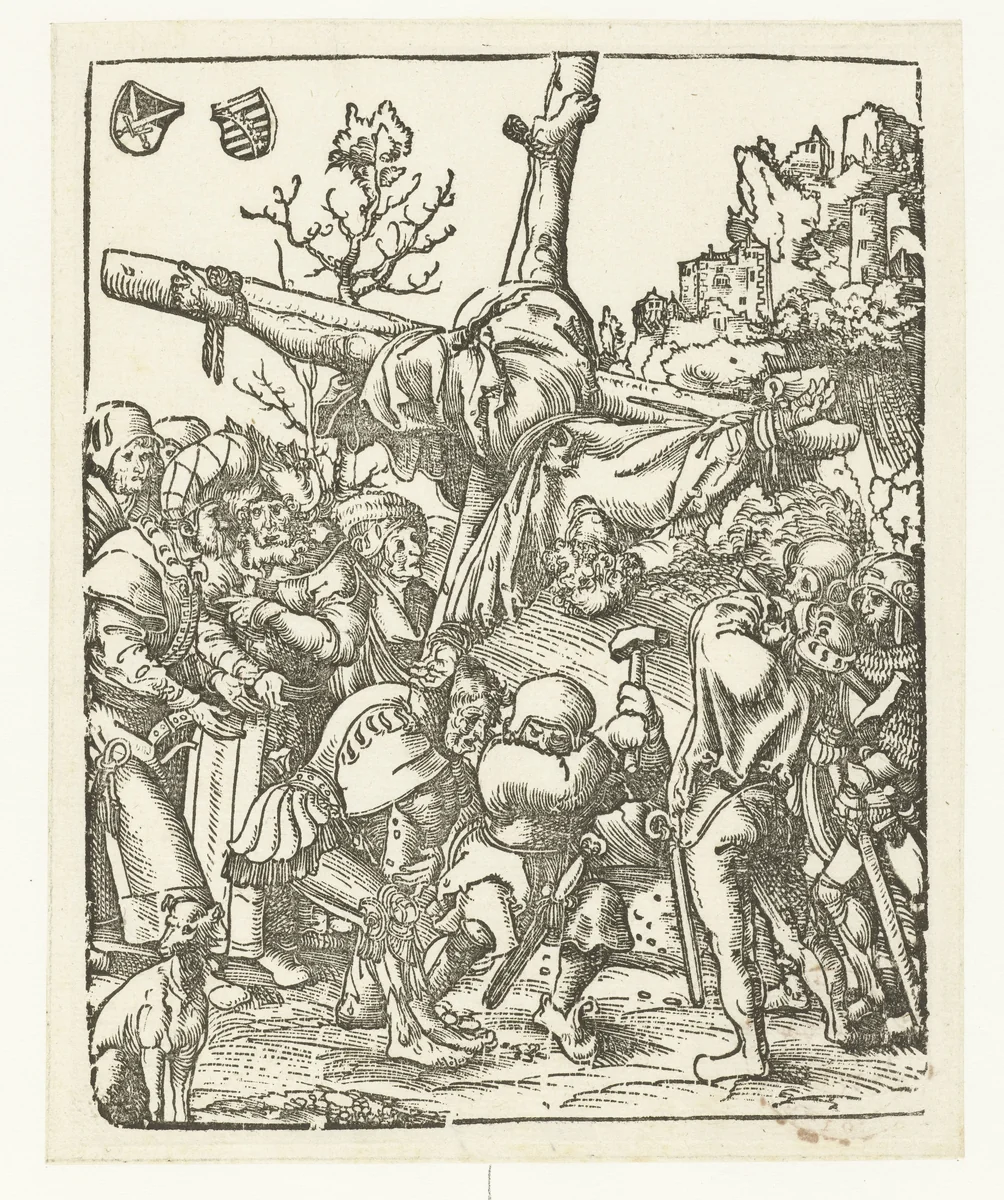Marteldood van Petrus aan kruis by Lucas Cranach, print, 1510-1514