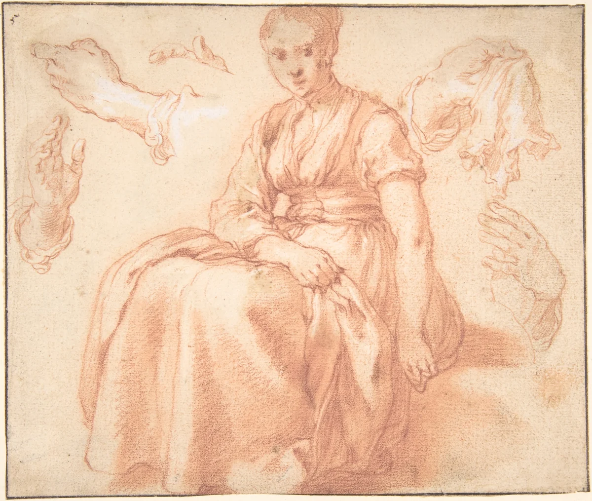 Study of a Seated Woman and Five Studies of Hands; Verso: Landscape with a Road and a Tree to the Right by Abraham Bloemaert, drawing, 1580-1651