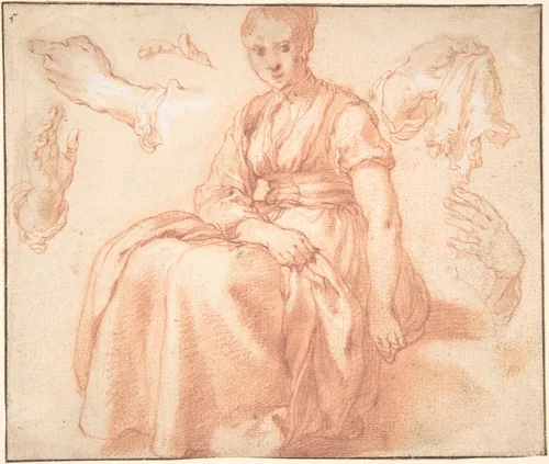Study of a Seated Woman and Five Studies of Hands; Verso: Landscape with a Road and a Tree to the Right by Abraham Bloemaert, drawing, 1580-1651