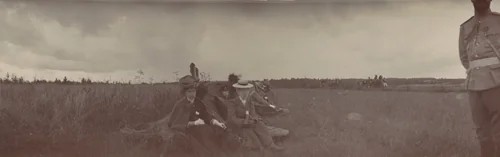 Grand Duchess Xenia Alexandrovna, Empress Alexandra Feodorovna and Grand Duke Alexander Mikhailovich Seated in a Field, Ropsha by Unidentified Photographer, photograph, 1907