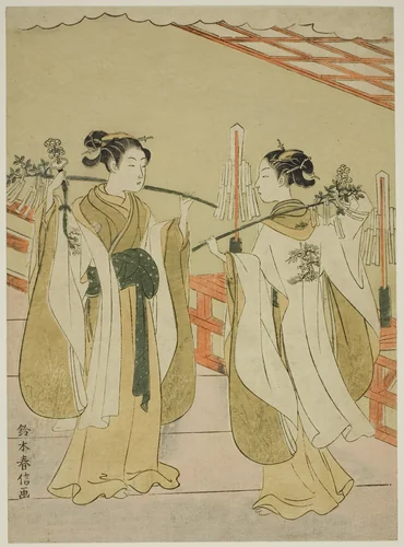 Shrine Maidens Onami and Ohatsu Dancing at Yushima Tenjin Shrine by Suzuki Harunobu (鈴木春信), print, 1764-1770