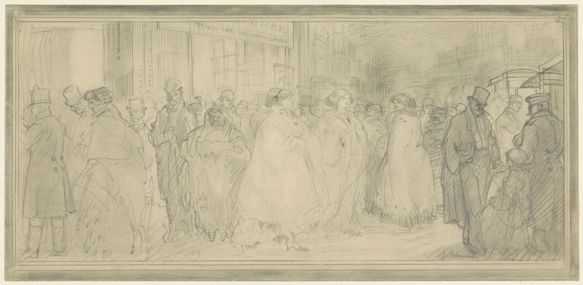 Straattafereel bij het uitgaan van een theater te Londen by Jean Emile Laboureur, drawing, 1887-1943