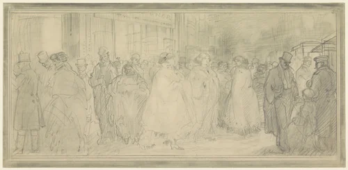 Straattafereel bij het uitgaan van een theater te Londen by Jean Emile Laboureur, drawing, 1887-1943