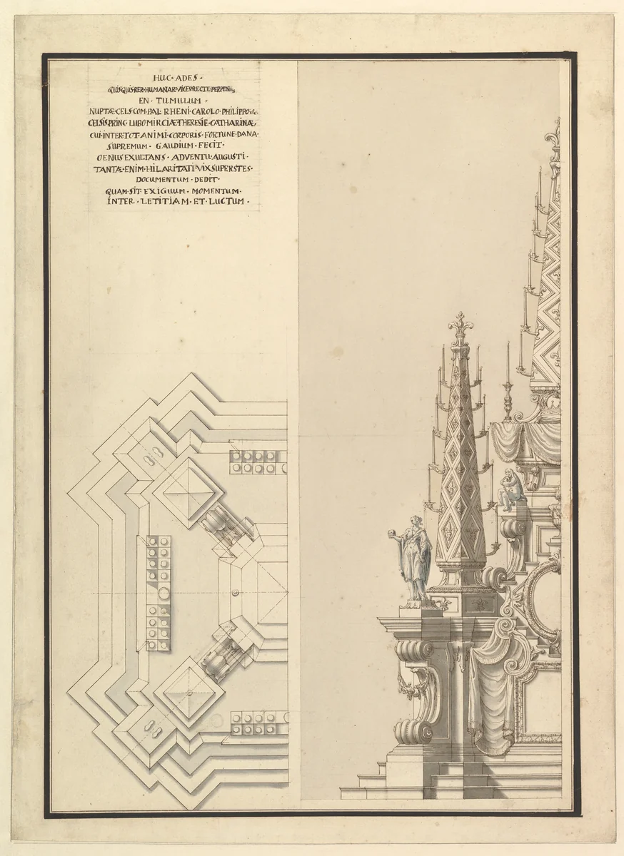 Design for Half Elevation and Half Ground Plan of a Catafalque for Countess Palatine of the Rhine, Theresia Catharine, wife of Count Palatine, Charles Philip III (1716–1742) by Giuseppe Galli Bibiena, drawing, 1742