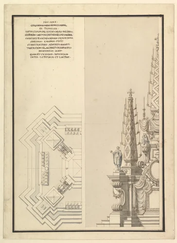 Design for Half Elevation and Half Ground Plan of a Catafalque for Countess Palatine of the Rhine, Theresia Catharine, wife of Count Palatine, Charles Philip III (1716–1742) by Giuseppe Galli Bibiena, drawing, 1742