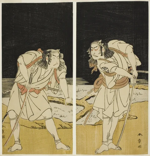The Actors Nakamura Nakazo I as Omi no Kotoda (right), and Otani Hiroji III as Bamba no Chuda (left), in the Joruri "Sono Chidori Yowa no Kamisuki" (The Plovers: Combing Hair at Midnight), from Part Two of the Play O-atsurae-zome Soga no Hinagata (A Soga Pattern Dyed to Order), Performed at the Nakamura Theater from the Tenth Day of the Third Month, 1774 by Katsukawa Shunsho (勝川 春章), print, 1769-1779