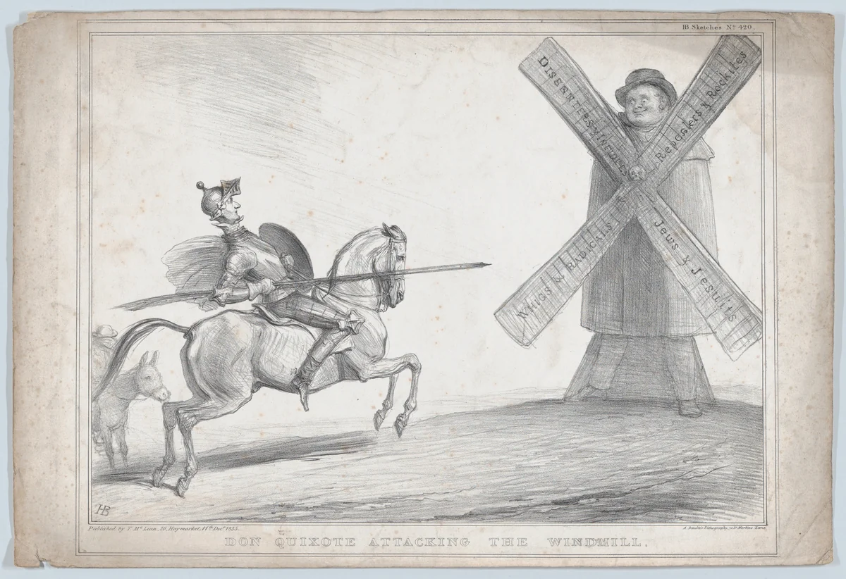 Don Quixote Attacking the Windmill by John Doyle, print, 1835