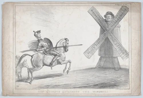 Don Quixote Attacking the Windmill by John Doyle, print, 1835