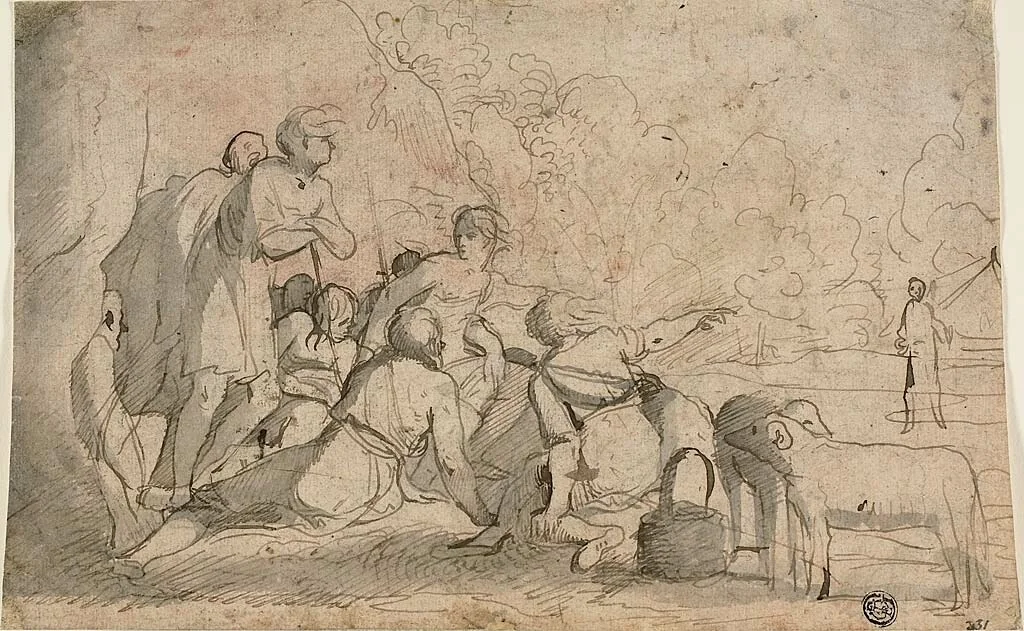 Group of Shepherds and a Ram by Pietro Testa, drawing, 1600-1699