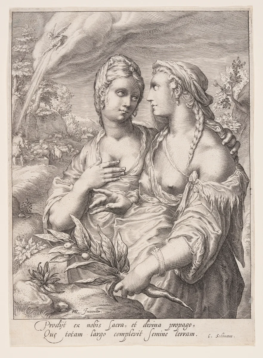 Lea and Rachel, from The Wives of the Patriarchs by Jacob Matham, print, 1597