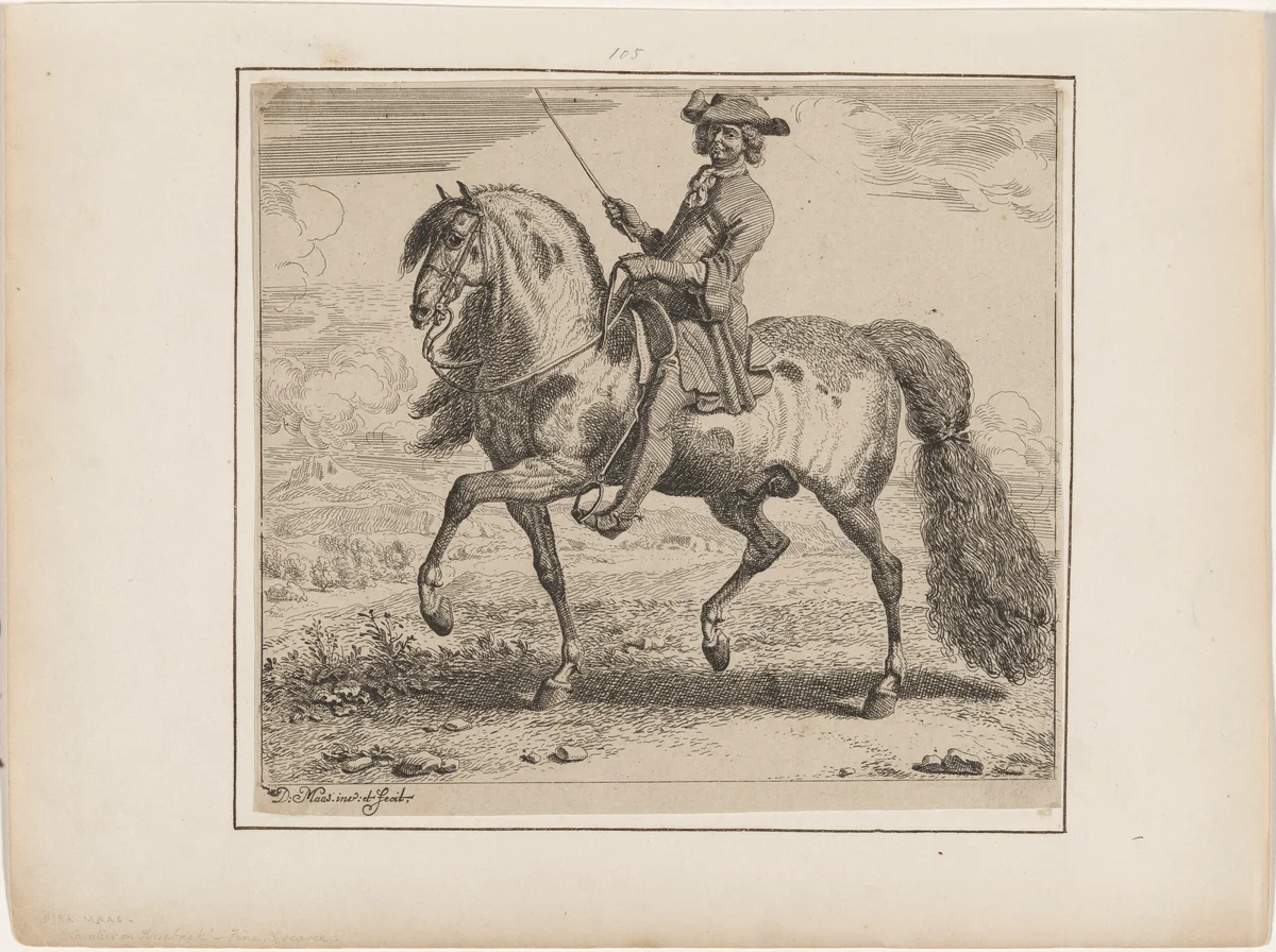 Cavalier on Horseback by Dirk Maes, print, 1680-1700