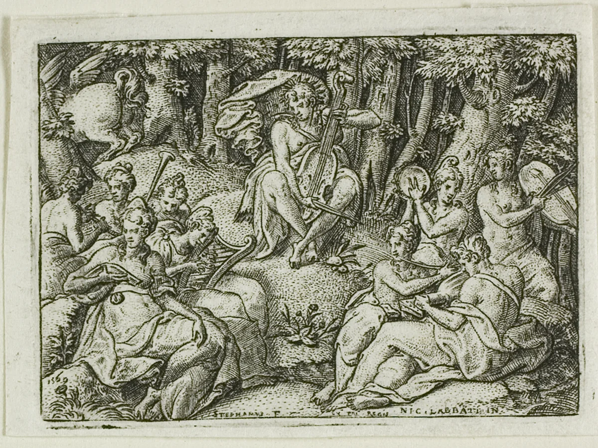 Apollo and the Muses by Etienne Delaune, print, 1540-1583