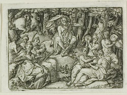 Apollo and the Muses by Etienne Delaune, print, 1540-1583