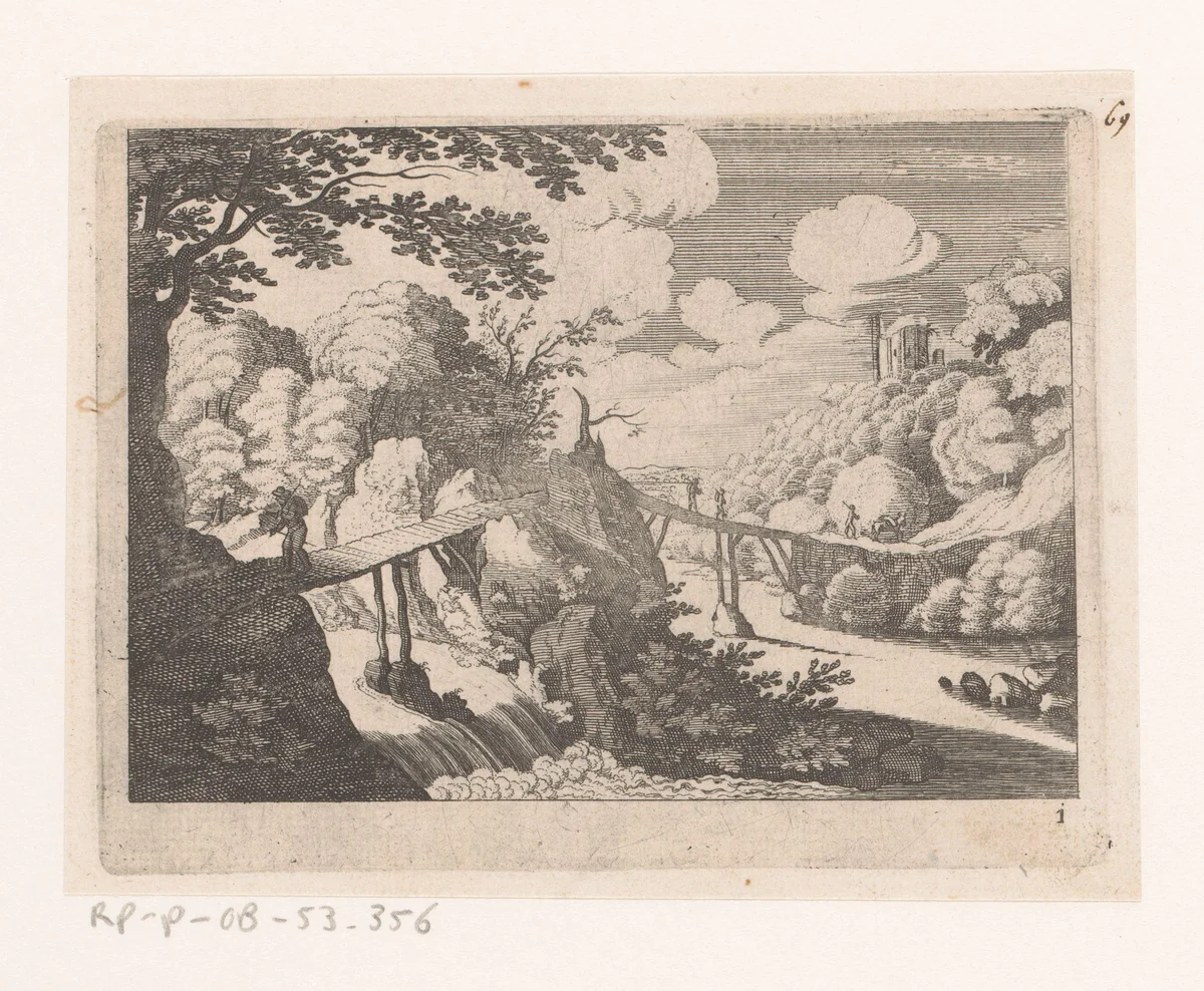 Landschap met twee houten bruggen over rivier en cascade by Matthäus Merian, print, 1622