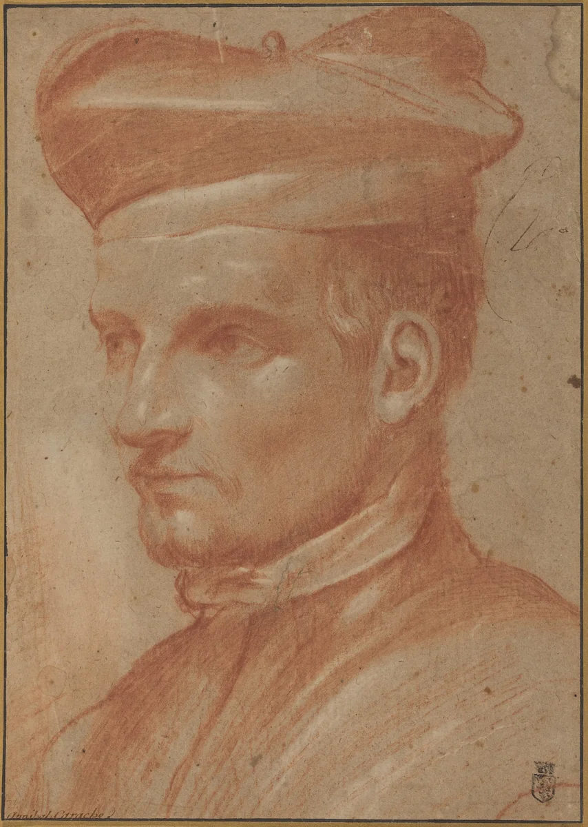 Portrait of an Ecclesiastic Wearing a Biretta by Annibale Carracci, drawing, 1580-1590