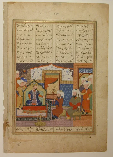 "Abu'l Mihjan and Sa`d ibn Abi Wakkas Before a Ruler", Folio from a Khavarannama (The Book of the East) of ibn Husam al-Din by Maulana Muhammad Ibn Husam ad Din, manuscript, 1451-1511