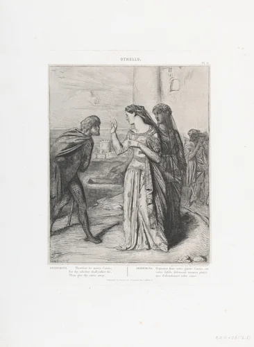 "Therefore, be merry Cassio": plate 6 from Othello (Act 3, Scene 3) by Théodore Chassériau, print, 1844