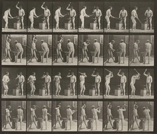 Plate Number 377. Two blacksmiths, hammering on anvil by Eadweard Muybridge, photograph, 1887