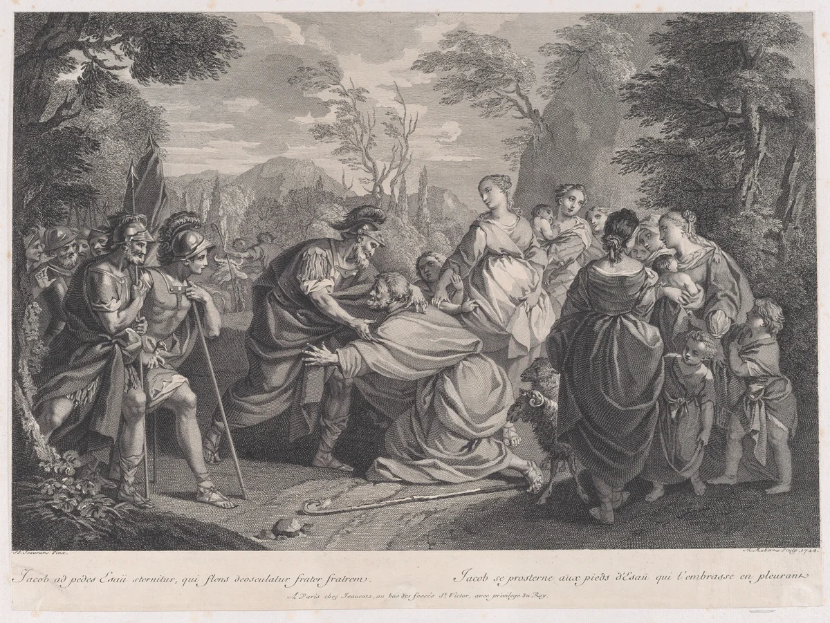 Jacob Prostrates Himself before Esau, after Etienne Jeaurat by Michel Aubert, print, 1744