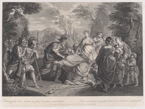 Jacob Prostrates Himself before Esau, after Etienne Jeaurat by Michel Aubert, print, 1744