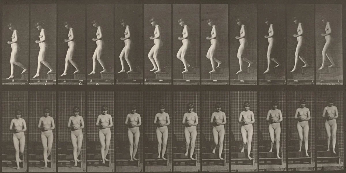Plate Number 128. Descending stairs with hands clasped by Eadweard Muybridge, photograph, 1887