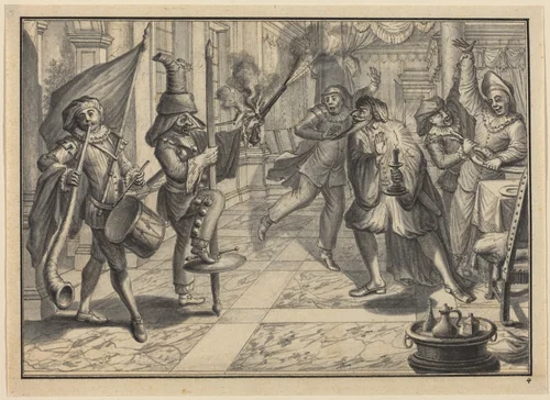 Mezzetin and Harlequin, Disguised as the Captain, Disrupt Pantaloon's Dinner by Johann Jacob Schübler, drawing, 1729