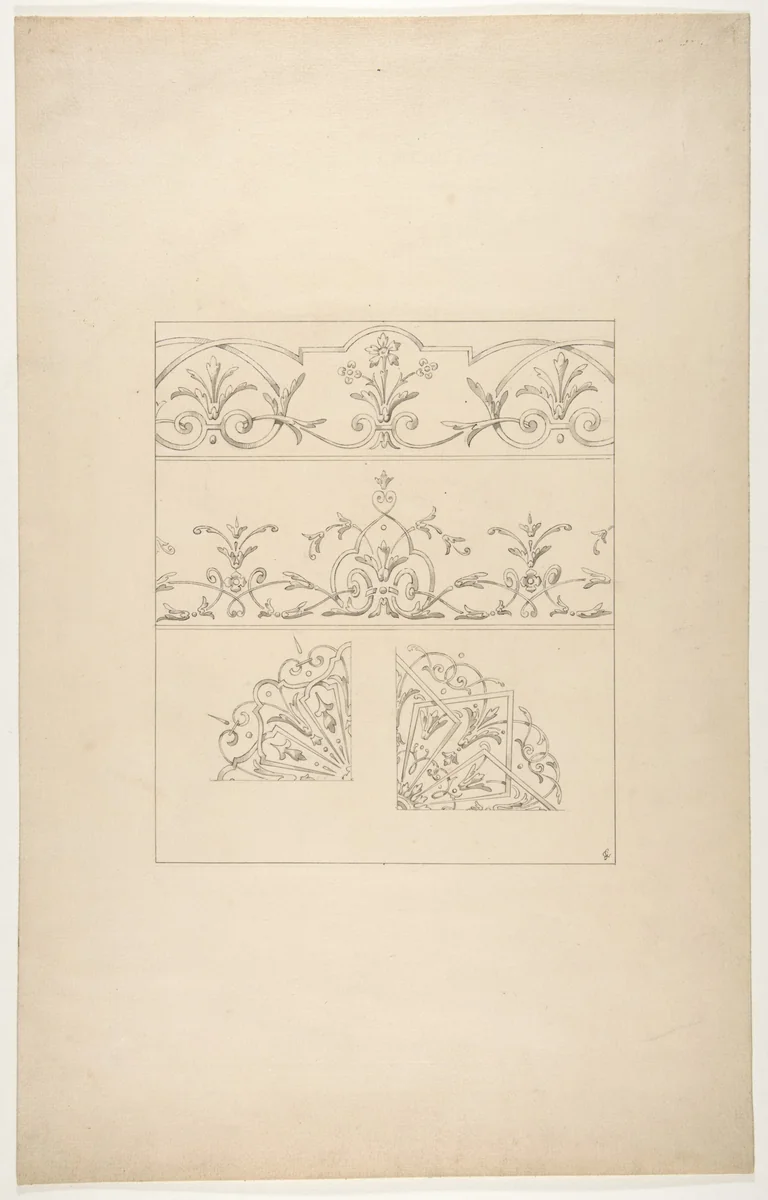 Four designs for decorative patters featuring foliage, flowers, and scrolls by Jules-Edmond-Charles Lachaise, drawing, 1830-1897