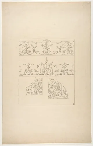 Four designs for decorative patters featuring foliage, flowers, and scrolls by Jules-Edmond-Charles Lachaise, drawing, 1830-1897