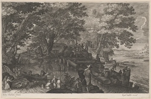 Fishermen by an Island Watermill by Aegidius Sadeler II; Pieter Stevens, print, 1610-1615