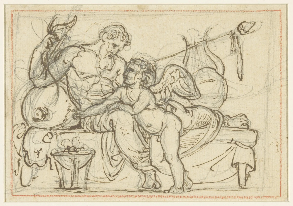 Ontwerp voor een reliëf met Amor en een liggende figuur van Anacreon by Bertel Thorvaldsen, drawing, 1823