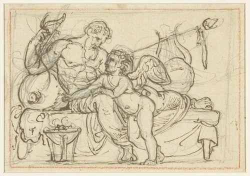 Ontwerp voor een reliëf met Amor en een liggende figuur van Anacreon by Bertel Thorvaldsen, drawing, 1823