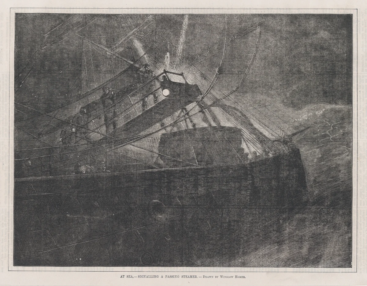 At Sea—Signalling a Passing Steamer (Every Saturday, Vol. II, New Series) by Winslow Homer, print, 1871