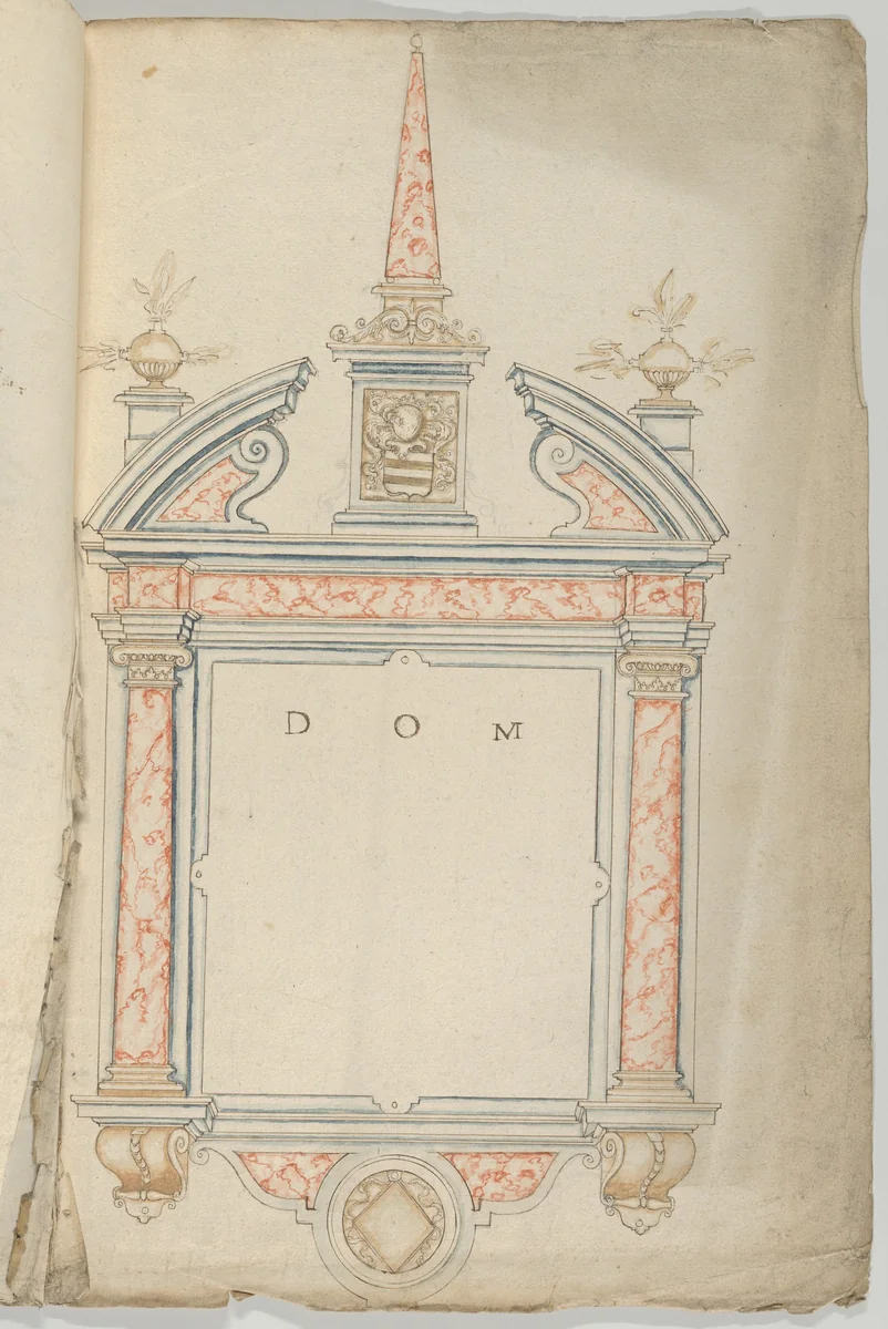 Design for an Epitaph in Red Marble, surmounted by an Obelisk by anonymous, drawing, 1600-1699