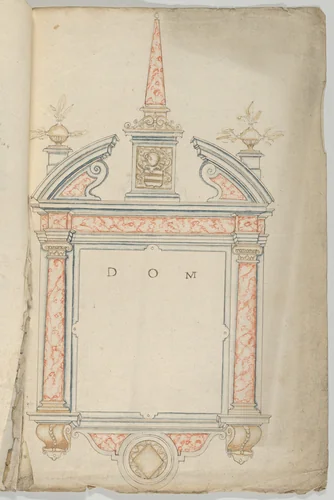 Design for an Epitaph in Red Marble, surmounted by an Obelisk by anonymous, drawing, 1600-1699