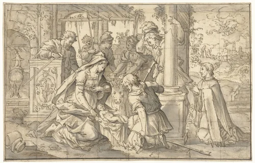 Aanbidding der herders by anonymous, drawing, 1550-1599