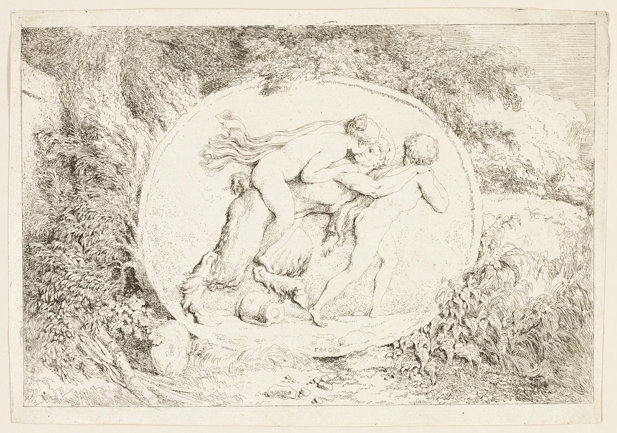 Nymph Riding on a Satyr's Back, from Bacchanales, or Satyrs' Games by Jean Honoré Fragonard, print, 1763