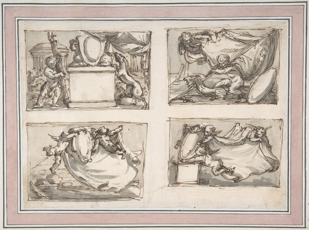 Four Sketches of Putti Hanging Coat of Arms by Carlo Marchionni, drawing, 1702-1786