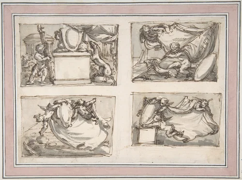 Four Sketches of Putti Hanging Coat of Arms by Carlo Marchionni, drawing, 1702-1786