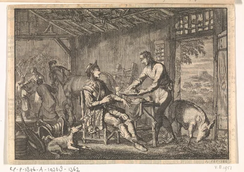 Philips II, koning van Spanje wordt opgenomen in de hut van een arme boer, ca. 1560 by Jan Luyken, print, 1698