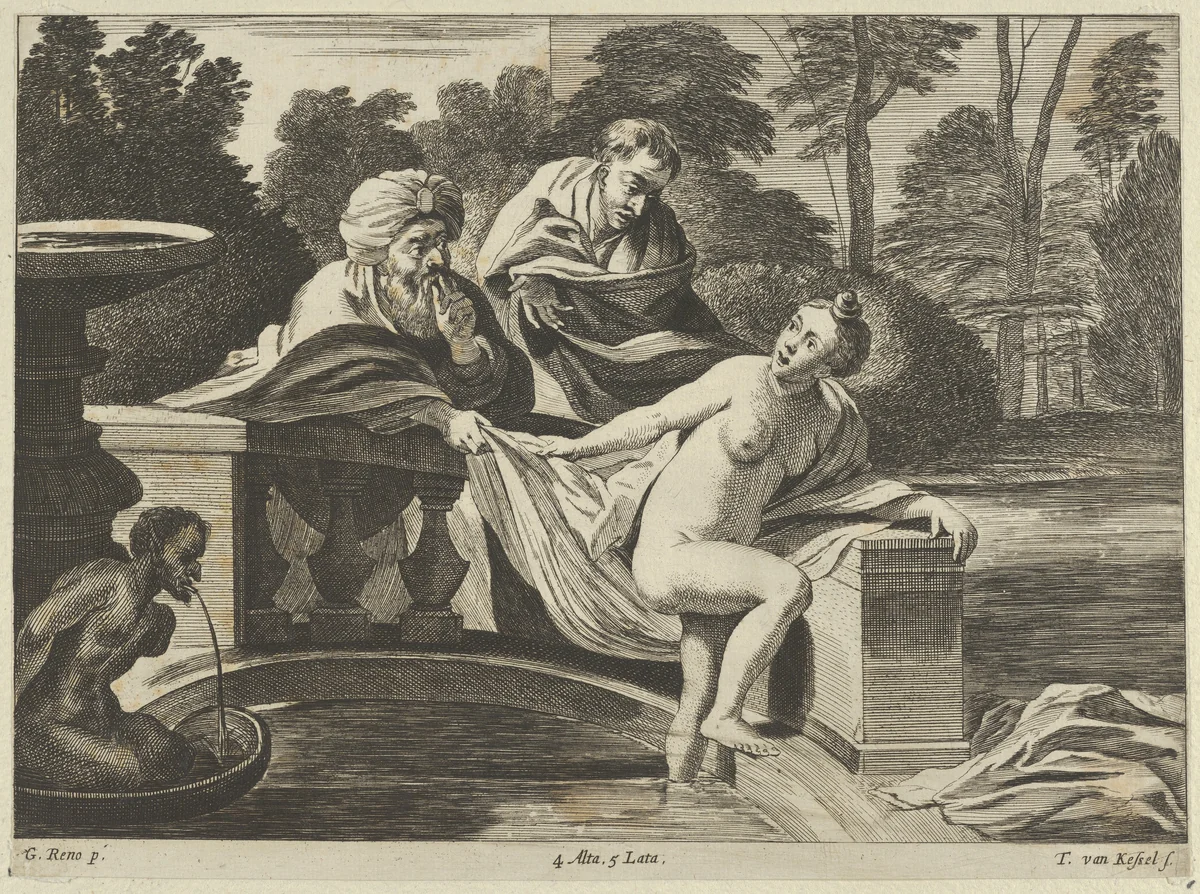 Susanna, partly naked and stepping out of a fountain with two elders at left, one of them pulling at her garment, after Reni by Theodor van Kessel, print, 1651-1660