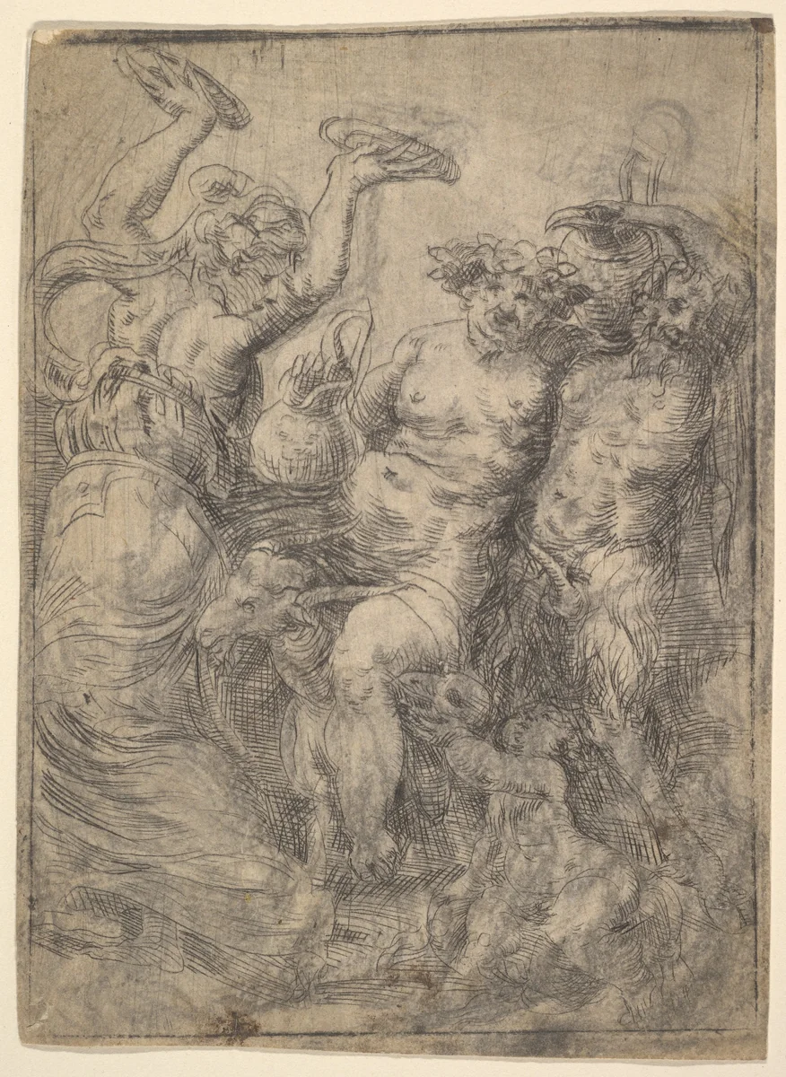 Bacchic revel with Silenus in the centre riding a goat by Andrea Schiavone, print, 1535-1548