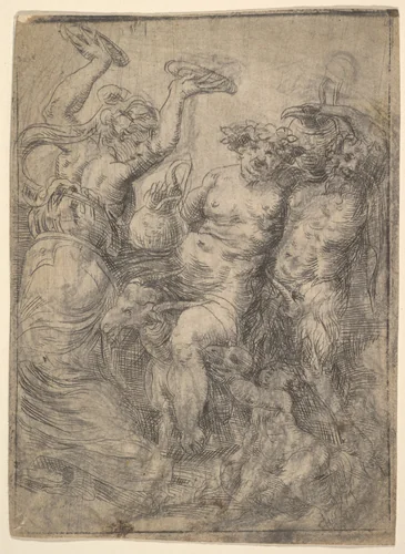 Bacchic revel with Silenus in the centre riding a goat by Andrea Schiavone, print, 1535-1548