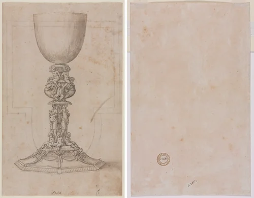 Design for a Chalice (recto) Architectural Plan (verso) by Luzio Romano, drawing, 1530-1570