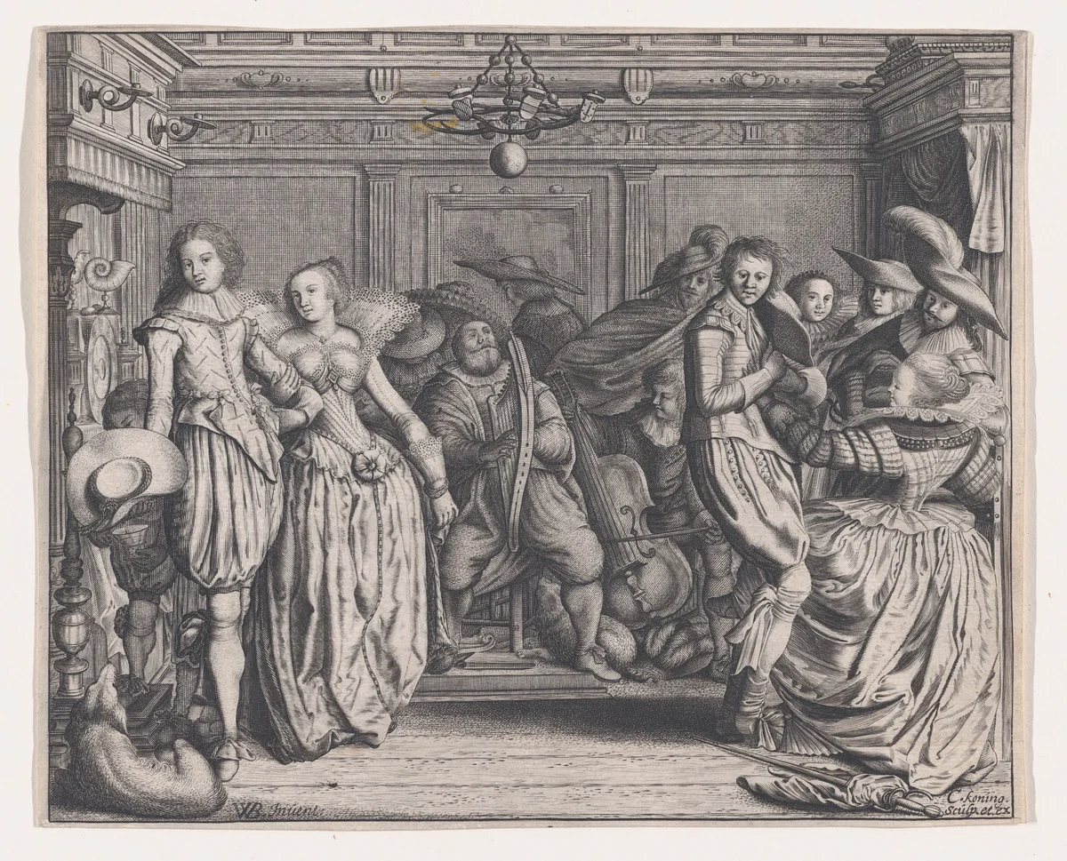 Interior with Dancing Couples and Musicians by Cornelis Koning, print, 1615-1625